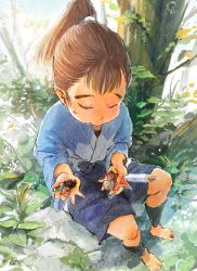 Rule 34 | 1boy, aged down, autumn leaves, barefoot, brown hair, child, closed eyes, cross scar, facial scar, feathers, from above, full body, highres, holding, japanese clothes, long sleeves, male focus, mememe225, nakazaike chouji, nature, pinecone, ponytail, rakudai ninja rantarou, scar, scar on cheek, scar on face, shin guards, shorts, sitting, snail, solo, toy, tree