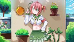 Rule 34 | 1girl, belly, blush, blush stickers, coin, commission, flower, fuyo cloverfield, garden, green eyes, hair ornament, hair ribbon, highres, idol corp, mountain, navel, pointy ears, ribbon, shadow, shirt, short hair, skirt, sky, sleeves past wrists, smirk, solo, teeth, tree, virtual youtuber, wall, wallpaper