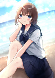 Rule 34 | 1girl, :3, absurdres, bad id, bad pixiv id, beach, between legs, black bow, black sailor collar, black skirt, blue eyes, blue sky, blush, bow, brown hair, closed mouth, cloud, cloudy sky, commentary request, day, fang, fang out, feet out of frame, hair between eyes, hand between legs, hand up, highres, horizon, knee up, looking at viewer, minami saki, ocean, original, outdoors, pleated skirt, sailor collar, sand, school uniform, serafuku, short sleeves, sitting, skirt, sky, smile, solo