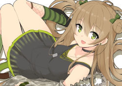Rule 34 | 1girl, ahoge, black dress, black footwear, bow, breasts, brown hair, choker, collarbone, double bun, dress, earrings, from above, girls&#039; frontline, green eyes, hair bow, hair bun, haluka (aixioo), jewelry, knees together feet apart, long hair, looking at viewer, lying, medium breasts, on back, open mouth, pendant, reclining, rfb (girls&#039; frontline), sketch, smile, socks, solo, striped clothes, striped legwear, striped socks, thigh gap, vertical-striped clothes, vertical-striped socks, very long hair