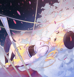 Rule 34 | 10s, 1girl, blonde hair, corset, detached sleeves, dotted line, drill hair, gun, hair ornament, hat, la-na, lying, magical musket, mahou shoujo madoka magica, mahou shoujo madoka magica (anime), on back, petals, skirt, solo, striped clothes, striped thighhighs, thighhighs, tomoe mami, twin drills, twintails, vertical-striped clothes, vertical-striped thighhighs, weapon, yellow eyes