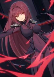 Rule 34 | 1girl, armor, bodysuit, breasts, chiiio, covered navel, dual wielding, fate/grand order, fate (series), gae bolg (fate), hair intakes, highres, holding, holding weapon, large breasts, lightning, long hair, pauldrons, pillar, polearm, purple bodysuit, purple hair, red eyes, scathach (fate), shoulder armor, spear, weapon