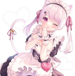 Rule 34 | 1girl, ;p, absurdres, alternate costume, animal ear fluff, animal ears, apron, black dress, blush, breasts, cat ears, cat girl, cat tail, commentary request, corset, dress, enmaided, frilled apron, frills, hair ornament, hair ribbon, hairpin, hands up, heart, highres, kemonomimi mode, komachi pochi, large breasts, long hair, looking at viewer, maid, maid apron, maid headdress, nijisanji, one eye closed, own hands together, pink hair, purple eyes, red ribbon, ribbon, shiina yuika, shiina yuika (5th costume), short sleeves, solo, tail, tail raised, tongue, tongue out, twintails, underbust, virtual youtuber, white apron, white background, wrist cuffs