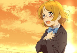 Rule 34 | 10s, 1girl, blazer, blue bow, blue bowtie, bow, bowtie, brown hair, clenched hand, commentary request, dusk, glasses, hands on own chest, jacket, jyura, koizumi hanayo, long sleeves, love live!, love live! school idol project, open mouth, purple eyes, semi-rimless eyewear, short hair, solo, striped bow, striped bowtie, striped clothes, striped neckwear, tears, under-rim eyewear, upper body
