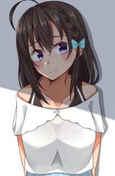 Rule 34 | 1girl, ahoge, bad id, bad pixiv id, bare shoulders, blue bow, blue skirt, blush, bow, braid, breasts, brown hair, closed mouth, collarbone, hair between eyes, hair bow, head tilt, high school fleet, highres, kapatarou, long hair, looking at viewer, off-shoulder shirt, off shoulder, purple eyes, shirt, side braid, skirt, small breasts, solo, striped clothes, striped skirt, uchida mayumi, vertical-striped clothes, vertical-striped skirt, white shirt