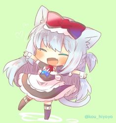 Rule 34 | 1girl, :d, american flag, american flag print, animal ears, apron, azur lane, black dress, black thighhighs, blush, bow, cat ears, cat girl, cat tail, chibi, dress, closed eyes, facing viewer, fang, flag print, full body, green background, hair bow, hammann (azur lane), kemonomimi mode, kou hiyoyo, long hair, no shoes, open mouth, outstretched arms, print neckwear, puffy short sleeves, puffy sleeves, red bow, short sleeves, silver hair, smile, solo, spread arms, standing, standing on one leg, tail, thighhighs, twitter username, very long hair, waist apron, white apron, wrist cuffs