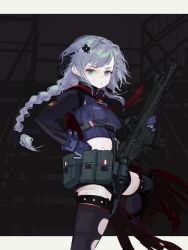 Rule 34 | 1girl, absurdres, assault rifle, black thighhighs, blue gloves, borrowed character, braid, breasts, cape, carbine, closed mouth, commission, cropped shirt, floating hair, girls&#039; frontline, gloves, green eyes, gun, h&amp;k hk433, hand on own hip, highres, hk433 (girls&#039; frontline) (bsapricot), holding, holding gun, holding weapon, knee up, long hair, long sleeves, looking at viewer, necktie, original, polilla, pouch, red cape, red necktie, rifle, small breasts, solo, standing, thighhighs, torn cape, torn clothes, weapon