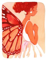 Rule 34 | 1girl, border, butterfly wings, closed eyes, curly hair, dark-skinned female, dark skin, dress, earrings, fairy, fairy wings, from side, hand on own chest, heikala, highres, insect wings, jewelry, monarch butterfly, monochrome, orange background, orange theme, orange wings, original, painting (medium), ponytail, profile, red hair, simple background, sleeveless, sleeveless dress, sphere earrings, traditional media, watercolor (medium), white border, white dress, wings