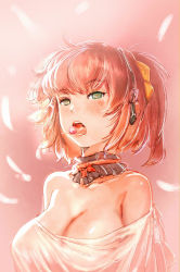 Rule 34 | 1girl, bare shoulders, bow (bhp), breasts, cleavage, earphones, feathers, green eyes, large breasts, microphone, open mouth, original, ponytail, red hair, short hair, solo, tongue, upper body
