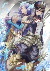 Rule 34 | 2girls, absurdres, armor, black jacket, black pants, blue dress, blue gloves, breasts, brighid (xenoblade), brown hair, cleavage, cleavage cutout, closed eyes, closed mouth, clothing cutout, dress, dual wielding, elbow gloves, gloves, hair between eyes, highres, holding, holding sword, holding weapon, jacket, large breasts, long hair, long sleeves, looking at viewer, medium breasts, military, military uniform, morag ladair (xenoblade), multiple girls, okurasato, pants, purple hair, sword, uniform, weapon, white gloves, xenoblade chronicles (series), xenoblade chronicles 2, yellow eyes