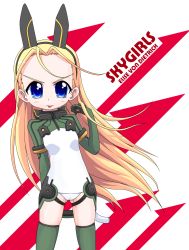 Rule 34 | &gt;:p, 00s, 1girl, :p, adjusting hair, animal ears, antenna hair, arm behind back, bad id, blonde hair, blue eyes, blush, breasts, character name, copyright name, cowboy shot, elise von dietrich, fake animal ears, gloves, green thighhighs, hairband, headgear, highres, k10k, leotard, long hair, looking at viewer, motionslit, pilot suit, sky girls, small breasts, solo, thighhighs, tongue, tongue out, v-shaped eyebrows, very long hair