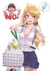 Rule 34 | 1girl, :d, ahoge, akizuki ritsuko, antenna hair, backpack, bag, basket, bicycle, blonde hair, blue skirt, blush, bottle, bra, bra visible through clothes, breasts, brown hair, cellphone, cellphone charm, cellphone strap, charm (object), cleavage, collarbone, collared shirt, crossed arms, dress shirt, food, glasses, green eyes, groceries, holding, holding phone, hoshii miki, idolmaster, idolmaster (classic), lingerie, long hair, looking away, looking to the side, medium breasts, no, open mouth, phone, pleated skirt, popsicle, puton, riding, scrunchie, see-through, shirt, shopping bag, short sleeves, simple background, skirt, smile, solo, speech bubble, spring onion, sweat, swept bangs, twintails, unbuttoned, underwear, white background, white shirt, wing collar