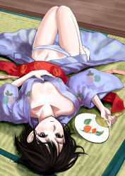 Rule 34 | 1girl, absurdres, barefoot, black eyes, black hair, breasts, cleavage, hand fan, highres, japanese clothes, kimono, navel, open clothes, open kimono, original, panties, paper fan, ryou@ryou, short hair, solo, striped clothes, striped panties, tatami, uchiwa, underwear, upside-down