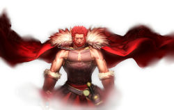 Rule 34 | 1boy, armor, backlighting, bare shoulders, beard, blurry foreground, bracer, breastplate, cape, cleavage cutout, clothing cutout, facial hair, fate/grand order, fate/zero, fate (series), floating, floating cape, floating object, fur-trimmed cape, fur trim, highres, iskandar (fate), kasei yukimitsu, leather, male focus, muscular, no eyes, pectorals, pixiv fate/grand order contest 1, red cape, red hair, short hair, solo, veins, white background