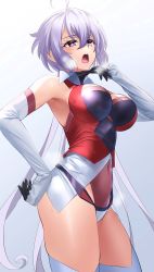 Rule 34 | 1girl, absurdres, ahoge, armpit peek, bare shoulders, black leotard, blush, breasts, covered navel, elbow gloves, gloves, hand on own hip, highres, hot, large breasts, leotard, long hair, multicolored leotard, nyanmaru, open mouth, purple eyes, purple hair, red leotard, senki zesshou symphogear, simple background, solo, standing, sweat, thighhighs, twintails, white gloves, white thighhighs, yukine chris