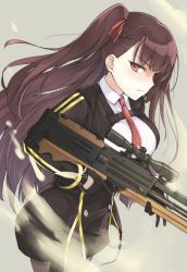 Rule 34 | black pantyhose, black skirt, breasts, brown eyes, brown hair, bullpup, closed mouth, collared shirt, cowboy shot, framed breasts, girls&#039; frontline, gloves, gun, hair between eyes, hair ornament, half updo, high-waist skirt, holding, holding gun, holding weapon, large breasts, long hair, looking at viewer, necktie, one side up, pantyhose, peace inari, red necktie, red ribbon, ribbon, rifle, shirt, simple background, skirt, sniper rifle, solo, strap, strap gap, thighband pantyhose, tsurime, very long hair, wa2000 (girls&#039; frontline), walther, walther wa 2000, weapon