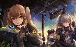 Rule 34 | 404 (girls&#039; frontline), 4girls, ammunition, bandaid, bandaid on face, brown eyes, brown hair, bug, butterfly, envysoi, food, g11 (girls&#039; frontline), girls&#039; frontline, grey hair, hair ornament, hairclip, highres, hk416 (girls&#039; frontline), holding, holding food, holding weapon, image sample, bug, jacket, multiple girls, open clothes, open jacket, radio, scenery, shed, shirt, siblings, sisters, tagme, twins, twintails, twitter sample, ump45 (girls&#039; frontline), ump9 (girls&#039; frontline), weapon, white shirt