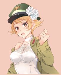Rule 34 | 10s, 1girl, abenattou, bare shoulders, blonde hair, blush, breasts, brown eyes, cleavage, dress, earrings, erwin (girls und panzer), flower, girls und panzer, hat, jacket, jewelry, looking at viewer, medium breasts, military, military hat, military uniform, open mouth, ring, see-through, short hair, simple background, sleeveless, sleeveless dress, smile, solo, stud earrings, uniform, upper body, wedding dress, white dress