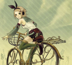 Rule 34 | 1girl, :d, alternate costume, bicycle, blonde hair, damaco, detached sleeves, flower, from behind, green eyes, green thighhighs, hair ornament, hair ribbon, hairpin, headphones, kagamine rin, lace, lace-trimmed legwear, lace trim, long sleeves, looking at viewer, looking back, muted color, open mouth, outstretched arm, plaid, plaid skirt, red flower, red rose, ribbon, riding, rose, sailor collar, shirt, skirt, sleeveless, sleeveless shirt, smile, solo, thighhighs, vocaloid