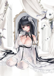 Rule 34 | 1girl, absurdly long hair, ann (ann58533111), azur lane, bare shoulders, black hair, breasts, cleavage, cross, dress, elbow gloves, flower, gloves, hair flower, hair ornament, highres, indoors, iron cross, lace, lace-trimmed dress, lace trim, large breasts, lingerie, long hair, looking at viewer, negligee, official alternate costume, peter strasser (azur lane), peter strasser (a moment frozen in pure white) (azur lane), purple eyes, rose, see-through, see-through dress, solo, underwear, very long hair, white flower, white gloves, white negligee, white rose