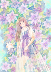 Rule 34 | 1girl, animal, artist name, blush, blush stickers, bracelet, clematis (flower), dress, floral background, flower, frilled shirt collar, frilled sleeves, frills, hand on own leg, head tilt, highres, jewelry, leaf, light particles, light purple hair, long hair, momochy, multicolored background, original, parted lips, pastel colors, pinafore dress, plant, puffy short sleeves, puffy sleeves, purple dress, purple eyes, purple flower, purple skirt, rabbit, see-through, see-through dress, shirt, short sleeves, signature, skirt, sleeveless dress, smile, spaghetti strap, sparkling eyes, starry sky print, white flower, white shirt