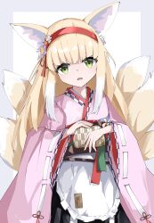 Rule 34 | 1girl, absurdres, animal ears, apron, arknights, black hakama, blonde hair, coin purse, colored tips, commentary, flower, fox ears, fox girl, fox tail, frilled apron, frills, green eyes, hair flower, hair ornament, hairband, hakama, highres, japanese clothes, kenken back, kimono, kitsune, kyuubi, long hair, long sleeves, looking at viewer, multicolored hair, multiple tails, obi, official alternate costume, open mouth, pink kimono, pinwheel, red hairband, sash, solo, suzuran (arknights), suzuran (yukibare) (arknights), tail, two-tone hair, waist apron, white apron, white hair, wide sleeves, yagasuri