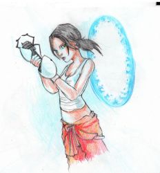 Rule 34 | arms in front, bare shoulders, black hair, blue light, chell, colored pencil (medium), dark eyes, david revoy, facing to the side, gun, holding, holding gun, holding weapon, jumpsuit, looking at viewer, midriff, orange jumpsuit, portal (object), portal (series), aperture science handheld portal device, tank top, traditional media, weapon, white background, white tank top