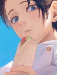 Rule 34 | 1boy, black hair, blue background, blue eyes, chewing, closed mouth, food, food on face, gugong (90 un), holding, holding food, jacket, jujutsu kaisen, looking at viewer, male focus, okkotsu yuuta, short hair, solo, upper body, white jacket