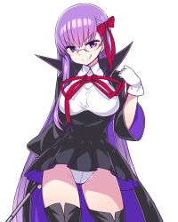 Rule 34 | &gt;:), 10s, 1girl, bb (fate), bb (fate/extra), bespectacled, black dress, black thighhighs, boots, breasts, chan co, contrapposto, covered navel, cowboy shot, dress, fate/extra, fate/extra ccc, fate (series), glasses, gloves, hair ribbon, holding, holding wand, jacket, large breasts, leotard, leotard under clothes, long hair, pointer, purple eyes, purple hair, ribbon, simple background, solo, standing, taut leotard, thigh boots, thighhighs, v-shaped eyebrows, wand, white background, white gloves, wide sleeves