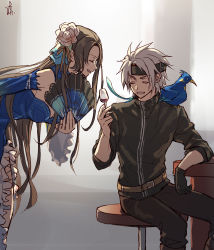 Rule 34 | 1boy, 1girl, animal, animal on shoulder, belt, bird, bird on shoulder, black gloves, black shirt, blue dress, breasts, brown hair, crow armbrust, cup, detached sleeves, dress, drinking glass, eiyuu densetsu, closed eyes, falcom, flower, folding fan, freeze rin, frills, gloves, grianos, hair flower, hair ornament, hair ribbon, hand fan, headband, high collar, highres, indoors, long hair, long sleeves, looking at another, medium breasts, open mouth, pants, profile, ribbon, sen no kiseki, sen no kiseki ii, shirt, short hair, signature, silver hair, single glove, sitting, sleeves rolled up, smile, spiked hair, stool, table, vita clotilde, wide sleeves, wine glass
