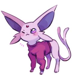 Rule 34 | blush, blush stickers, closed mouth, creatures (company), espeon, forehead jewel, forked tail, game freak, gen 2 pokemon, nintendo, one eye closed, plumcea, pokemon, pokemon (creature), purple eyes, purple hair, sidelocks, solo, standing, sweater, tail, white background, wink