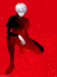 Rule 34 | 1boy, abstract, black footwear, black shirt, black shorts, closed mouth, commentary request, full body, grey eyes, hair between eyes, heterochromia, highres, kaneki ken, layered sleeves, lips, long sleeves, looking at viewer, male focus, mask, mask around neck, nose, pale skin, red background, red eyes, shirt, shoes, shorts, simple background, solo, tokyo ghoul, white hair, yamasaki haruta