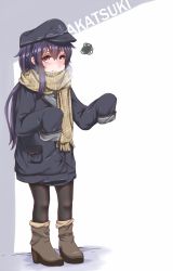 Rule 34 | 10s, 1girl, akatsuki (kancolle), alternate costume, anchor symbol, arms at sides, black coat, black eyes, black hair, black pantyhose, blush, breath, brown scarf, character name, coat, disco brando, flat cap, full body, hair between eyes, hat, highres, kantai collection, light smile, long hair, looking at viewer, open mouth, oversized clothes, pantyhose, scarf, sleeves past wrists, solo, tareme, winter clothes, winter coat