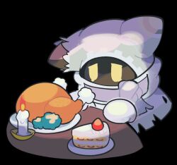 Rule 34 | 1boy, black background, cake, candle, chicken (food), food, gloves, kirby&#039;s return to dream land deluxe, kirby's return to dream land deluxe, kirby (series), magolor, magolor epilogue, male focus, ni re, nintendo, no humans, plate, rayman limbs, sad, simple background, solo, strawberry shortcake, torn clothes, yellow eyes
