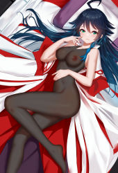 Rule 34 | 1girl, absurdres, ahoge, bare arms, bare shoulders, black hair, blue hair, blush, bodystocking, braid, breasts, chinese commentary, closed mouth, collarbone, commentary request, fingernails, from above, genderswap, genderswap (mtf), genshin impact, gradient hair, green eyes, hand on own stomach, highres, hong bai, japanese clothes, kimono, unworn kimono, long fingernails, long hair, looking at viewer, lying, medium breasts, multicolored hair, nail polish, nipples, on bed, on side, pillow, red nails, see-through, signature, smile, solo, twin braids, venti (genshin impact), very long hair, white kimono