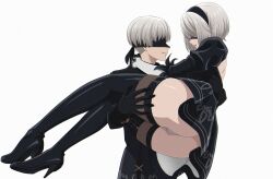 Rule 34 | 1girl, 2b (nier:automata), ass, black blindfold, black dress, black hairband, black thighhighs, blindfold, boots, carrying, carrying person, covered eyes, dress, full body, gloves, hairband, high heels, highres, juliet sleeves, leotard, leotard under clothes, lifting person, long sleeves, nier:automata, nier (series), princess carry, puffy sleeves, shirl geem, short hair, simple background, thick thighs, thighhighs, thighs, white background, white hair