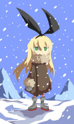 Rule 34 | 1girl, alternate costume, blonde hair, coat, fur collar, green eyes, hairband, kantai collection, looking at viewer, mittens, no lineart, setz, shimakaze (kancolle), snowing, solo, striped clothes, striped legwear, striped thighhighs, thighhighs, winter clothes, winter coat