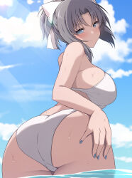 Rule 34 | 1girl, absurdres, alternate hairstyle, ass, bare shoulders, bikini, blue eyes, blue sky, blush, bow, breasts, chimunge, commission, from behind, grey hair, hair bow, highres, large breasts, looking at viewer, looking back, nail polish, pixiv commission, ponytail, senran kagura, short hair, sky, smile, solo, swimsuit, water, wet, white bow, yumi (senran kagura)