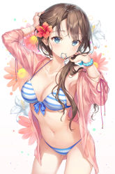 Rule 34 | 1girl, 3:, absurdres, arm up, armpits, bad id, bad twitter id, bare shoulders, bikini, blue bikini, blue eyes, bracelet, breasts, brown hair, cleavage, collarbone, cowboy shot, earrings, floral background, flower, front-tie bikini top, front-tie top, gluteal fold, hair flower, hair ornament, hair tie in mouth, halterneck, hand up, hibiscus, highres, jacket, jewelry, large breasts, long hair, looking at viewer, mouth hold, nail polish, navel, open clothes, open jacket, original, pink flower, pink jacket, pink nails, r o ha, red flower, scrunchie, see-through, solo, standing, stomach, string bikini, striped bikini, striped clothes, swimsuit, thighs, wet, white background, wrist scrunchie