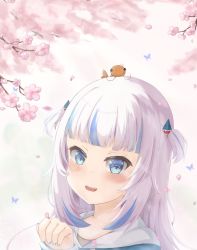 Rule 34 | 1girl, blue eyes, blue hair, blue hoodie, blunt bangs, blush, bug, butterfly, cherry blossoms, ebi-chan (gawr gura), gawr gura, hair ornament, highres, hololive, hololive english, hood, hood down, hoodie, insect, looking at viewer, multicolored hair, nail polish, nekocrowss, open mouth, shark girl, shark hair ornament, sharp teeth, short twintails, shrimp, simple background, smile, streaked hair, teeth, twintails, virtual youtuber, white hair
