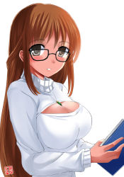 Rule 34 | 1girl, black-framed eyewear, blush, book, breasts, brown hair, cleavage cutout, clothing cutout, glasses, highres, large breasts, long hair, looking at viewer, meme attire, miracle hoshi, necktie, open-chest sweater, original, simple background, solo, sweater, turtleneck, upper body, white background