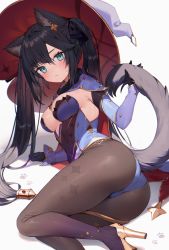 Rule 34 | 1girl, animal ear fluff, animal ears, aqua eyes, arm support, ass, black gloves, black hair, blue leotard, blush, breasts, brown pantyhose, cat ears, cat tail, closed mouth, commentary request, detached sleeves, fur collar, genshin impact, gloves, gradient legwear, hat, high heels, highres, holding tail, kemonomimi mode, leotard, long hair, long sleeves, looking at viewer, lying, medium breasts, mona (genshin impact), muryotaro, on side, pantyhose, purple pantyhose, red hat, simple background, solo, sweat, tail, twintails, very long hair, white background, witch hat, yellow footwear