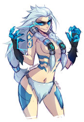 Rule 34 | 1girl, 2020, artist name, bare shoulders, blue hair, breasts, claws, clenched teeth, commentary, convenient censoring, covered navel, cowboy shot, curled fingers, earrings, electricity, english commentary, eyeshadow, fang, fang out, forehead, fur, genderswap, genderswap (mtf), glowing, glowing eye, glowing hands, jewelry, league of legends, leg armor, light blue hair, long bangs, long hair, looking at viewer, makeup, medium breasts, open mouth, pointy nose, shaded face, sideboob, simple background, solo, tattoo, teeth, toned, v-shaped eyebrows, vmat, volibear, white background