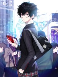 Rule 34 | 1boy, amamiya ren, black bag, black hair, black jacket, building, commentary request, eye mask, glasses, hair between eyes, highres, holding, holding phone, jacket, kyundoo, looking at viewer, male focus, mask, outdoors, persona, persona 5, persona 5 the royal, phone, short hair, solo focus