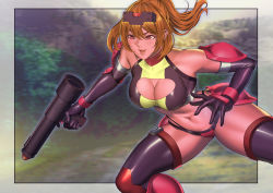Rule 34 | 1girl, :d, armor, armpits, bare shoulders, bikini armor, black gloves, black thighhighs, blonde hair, blush, breasts, cleavage, cleavage cutout, clothing cutout, commentary request, covered collarbone, cowboy shot, elbow gloves, elbow pads, eyebrows hidden by hair, faulds, gloves, gun, hair between eyes, headgear, highres, holding, holding gun, holding weapon, kirin ouji, large breasts, mecha musume, medium hair, midriff, navel, open mouth, original, red eyes, shoulder pads, sidelocks, smile, solo, standing, standing on one leg, teeth, thighhighs, upper teeth only, weapon