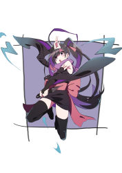 Rule 34 | 1girl, absurdres, back bow, bare shoulders, black thighhighs, bow, brown hair, detached sleeves, hand up, highres, holding, holding weapon, jumping, kunai, long hair, long sleeves, looking at viewer, ninja, original, ponytail, purple background, purple eyes, red bow, red ribbon, reverse grip, ribbon, sash, smile, solo, tama (tama-s), thighhighs, triangular headpiece, very long hair, weapon