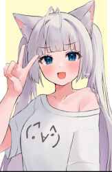 Rule 34 | &gt;:), 1girl, :d, animal ear fluff, animal ears, antenna hair, blue eyes, blunt bangs, blush, breasts, cat ears, cat girl, collarbone, commentary request, fang, fingernails, hand up, long hair, looking at viewer, off shoulder, open mouth, original, shirt, sidelocks, signature, simple background, small breasts, smile, solo, tananuki, upper body, v, v-shaped eyebrows, white hair, white shirt, yellow background