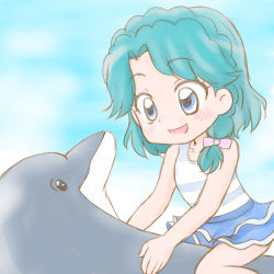 Rule 34 | 1girl, :d, blue eyes, blue hair, blush, braid, child, commentary request, dolphin, go! princess precure, kaidou minami, one-piece swimsuit, open mouth, precure, riding, short hair, smile, swimsuit, tina (go! princess precure), yoshimi50, aged down