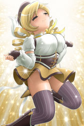 Rule 34 | 10s, 1girl, blonde hair, bouncing breasts, breasts, closed eyes, detached sleeves, drill hair, fingerless gloves, gloves, hair ornament, hairpin, hat, jumping, large breasts, long hair, magical girl, mahou shoujo madoka magica, mahou shoujo madoka magica (anime), panties, pantyshot, shingyouji tatsuya, skirt, smile, solo, striped clothes, striped thighhighs, thighhighs, tomoe mami, twin drills, underwear, upskirt, vertical-striped clothes, vertical-striped thighhighs
