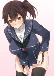 Rule 34 | 1girl, 3:, black thighhighs, blush, breasts, brown eyes, brown hair, cosplay, gradient background, kaga (kancolle), kantai collection, large breasts, leaning forward, short hair, side ponytail, simple background, solo, thighhighs, tug, undersized clothes, yanagi (tsukiakari), z1 leberecht maass (kancolle), z1 leberecht maass (kancolle) (cosplay)